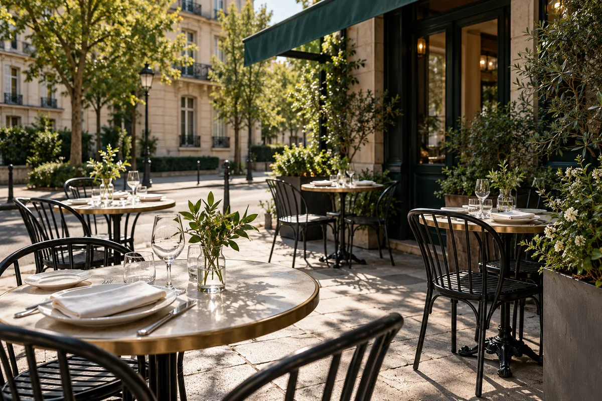 Terrasse de restaurant sur une place piétonne arborée d&rsquo;une ville du sud des Hauts-de-Seine