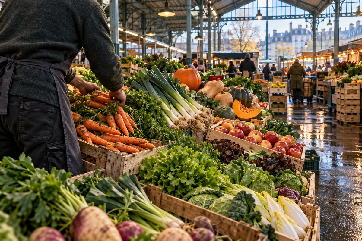 Étals de légumes et de fruits sous une halle de marché de centre-ville au petit matin