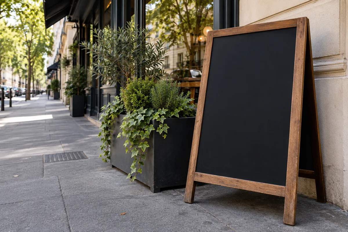 Ardoise de restaurant vierge posée devant une vitrine sur une avenue commerçante