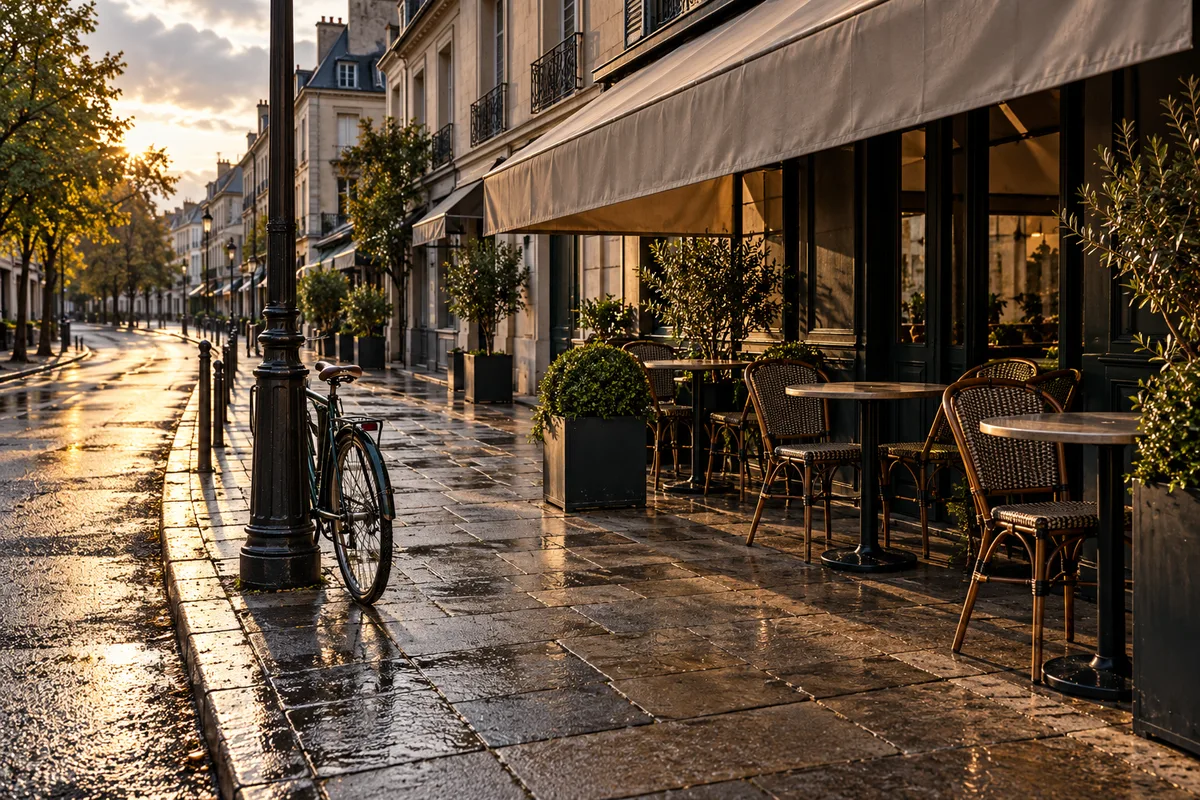 Rue commerçante de centre-ville en fin de journée avec terrasses de restaurants et stores baissés