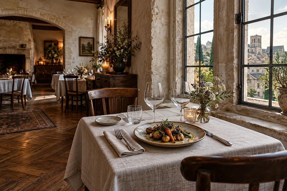 Table dressée près d&rsquo;une grande fenêtre dans une ancienne bâtisse en pierre reconvertie