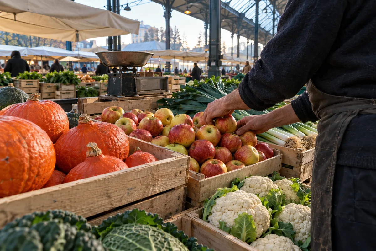 Étals de fruits et légumes sous une halle de marché de banlieue au petit matin