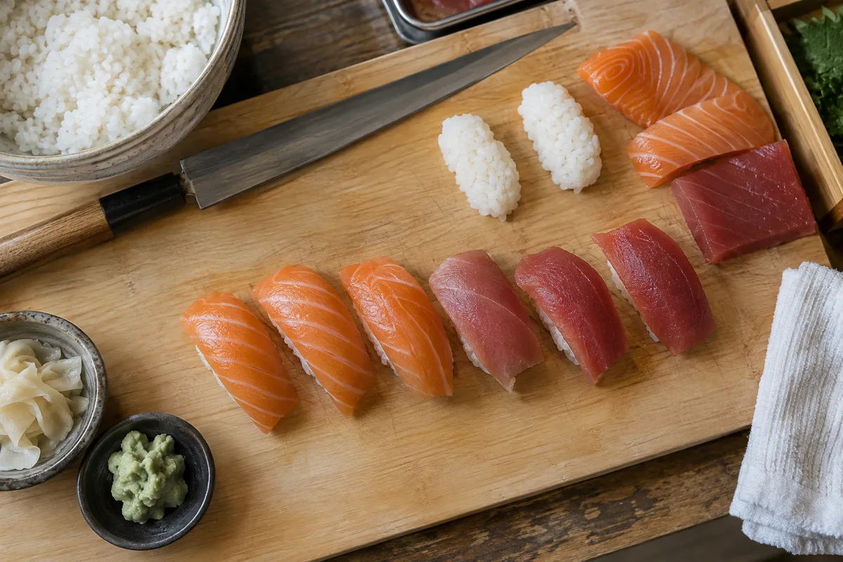 Cuisinier façonnant des nigiris au comptoir d&rsquo;un restaurant japonais