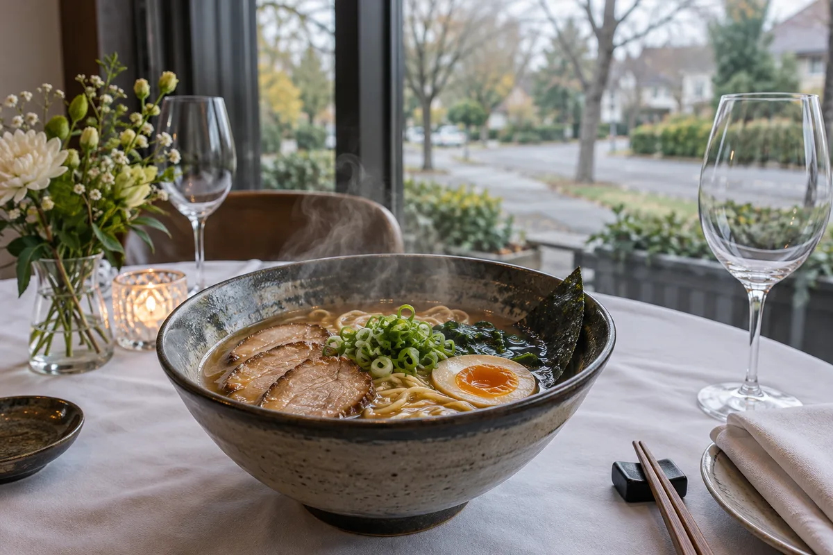 Bol de ramen fumant avec bouillon, nouilles, œuf mariné et tranches de porc