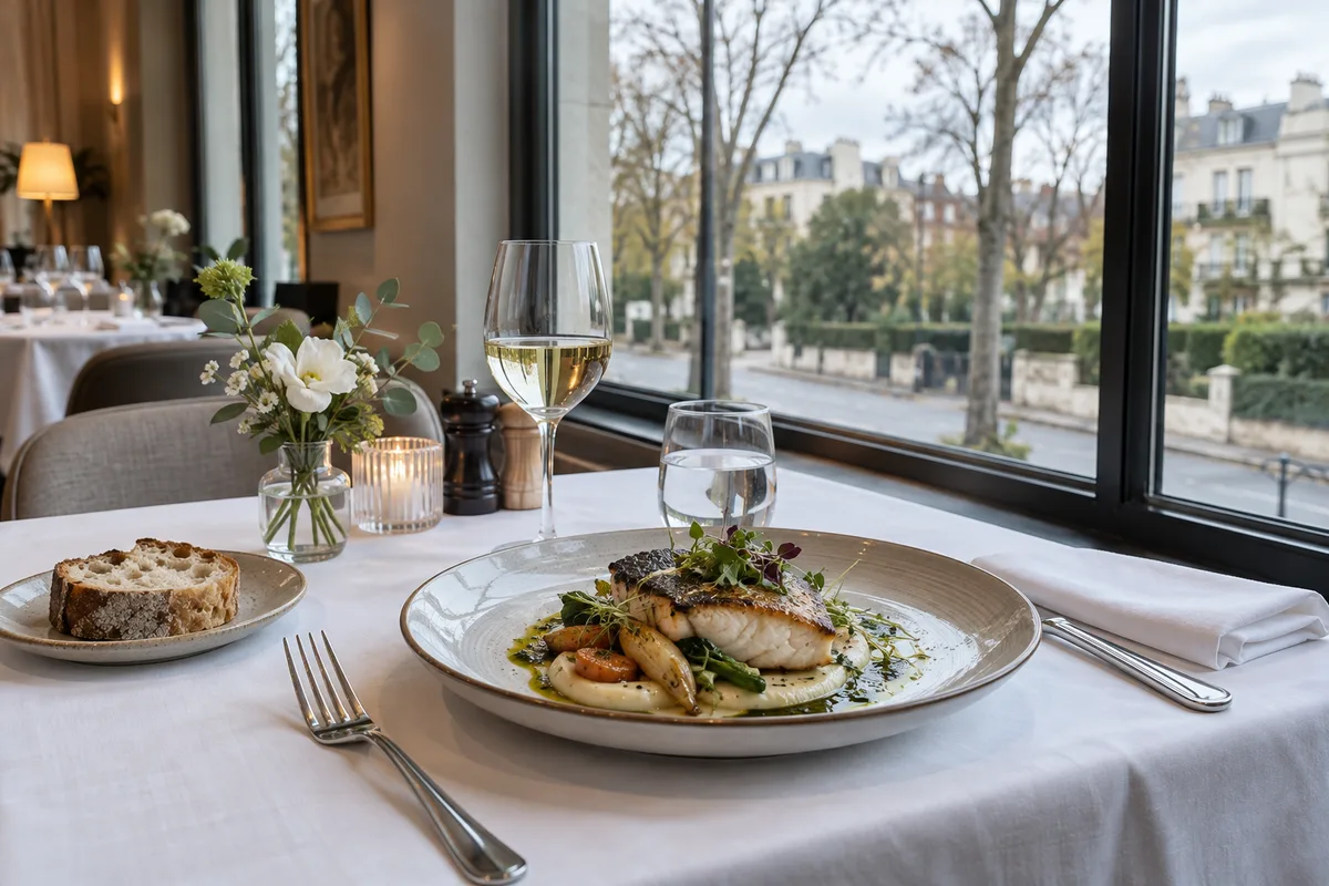 Serveur présentant une assiette à une table dans une salle de restaurant lumineuse