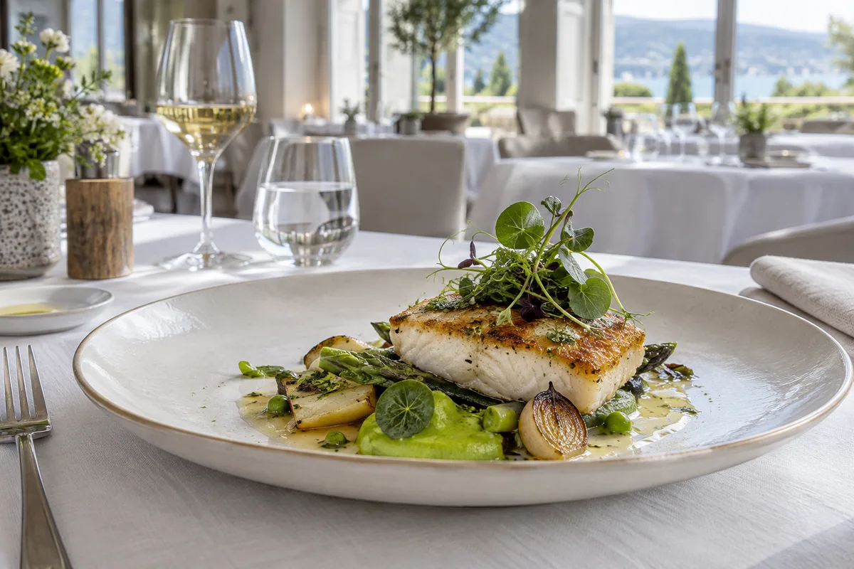 Assiette gastronomique dressée avec précision sur une nappe blanche dans une salle lumineuse