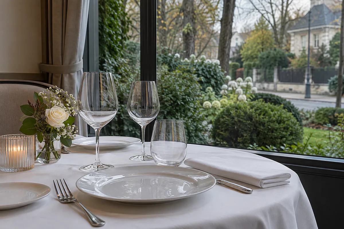 Salle de restaurant gastronomique élégante ouverte sur un jardin arboré
