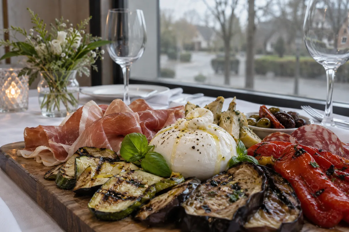 Assortiment d’antipasti italiens avec légumes grillés, charcuterie et burrata sur une planche en bois