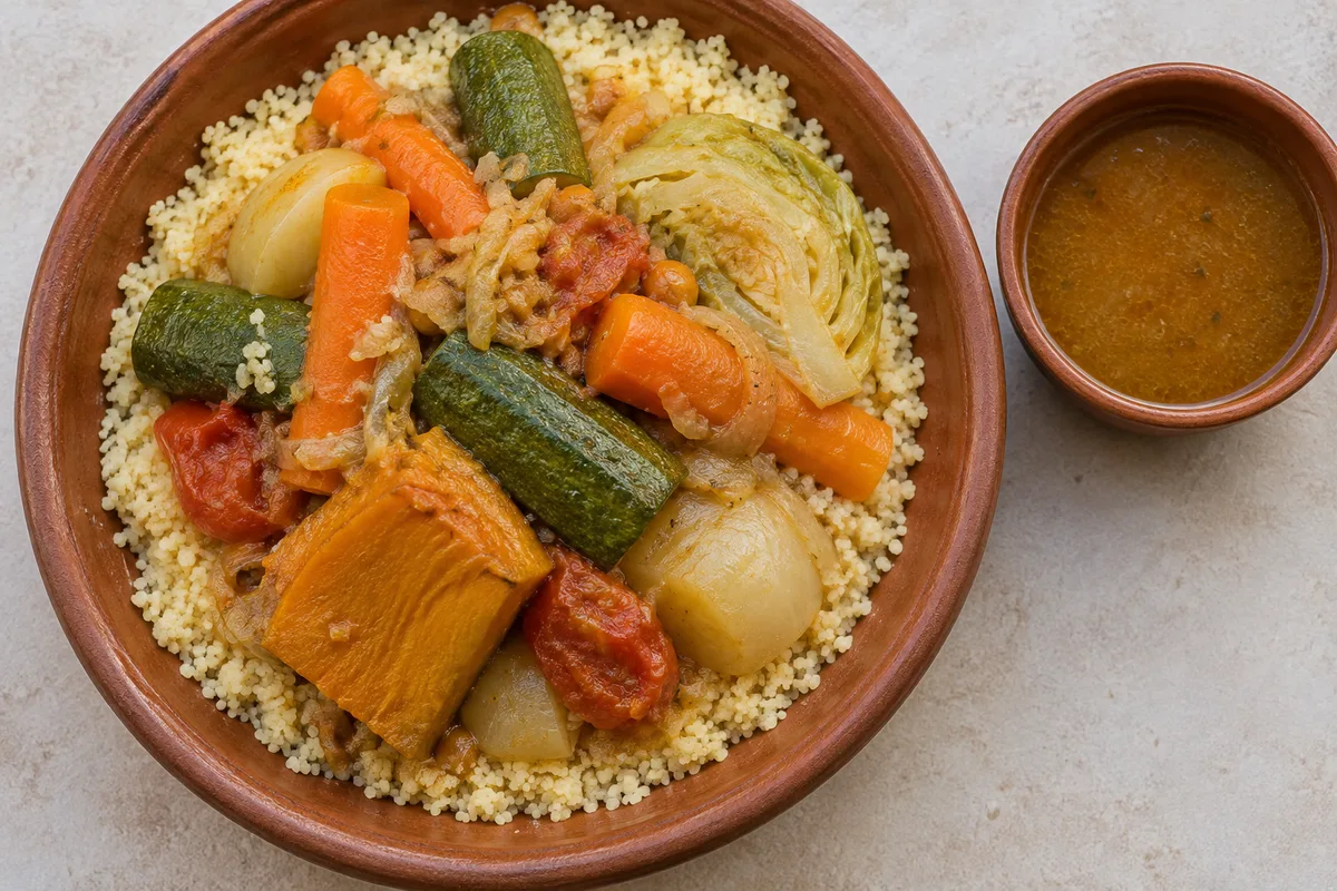Couscous aux sept légumes servi dans un grand plat en terre avec bouillon à part