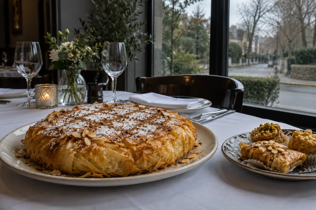 Pastilla dorée saupoudrée de sucre glace et de cannelle à côté de pâtisseries marocaines aux amandes