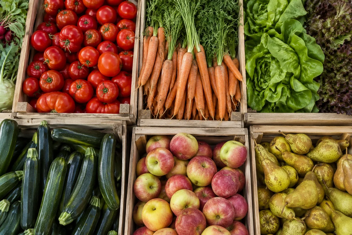 Étals de fruits et légumes frais sous une halle de marché animée