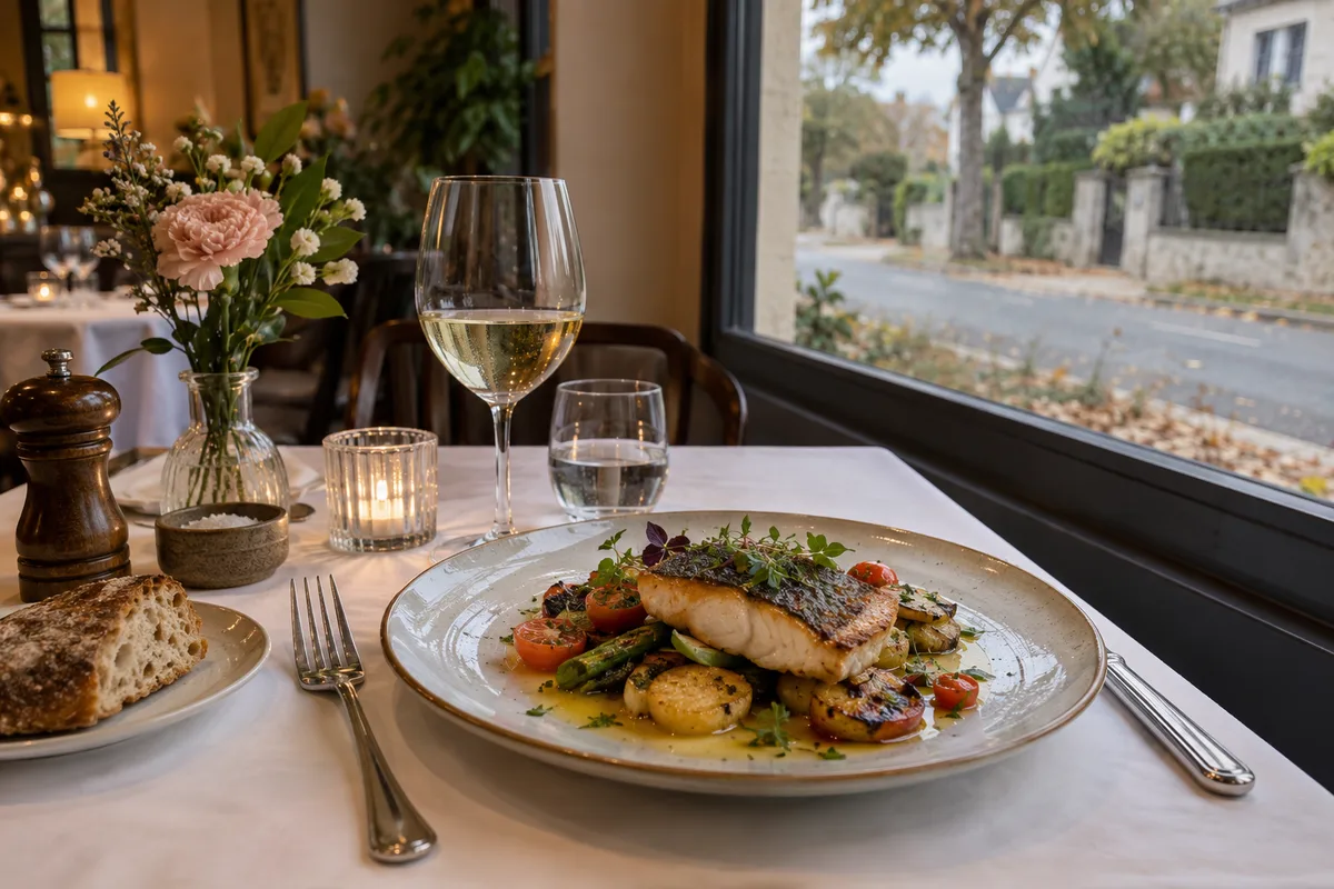 Assiette dressée avec soin dans un restaurant de quartier à l’éclairage chaleureux