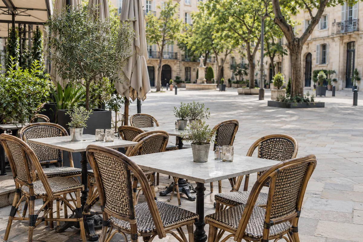 Terrasse de restaurant sur une place piétonne bordée de façades claires et d&rsquo;arbres
